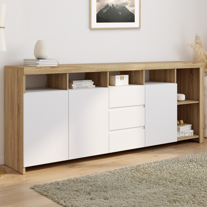 Credenza MALO 180 cm in legno effetto faggio bianco con 3 ante e 3 cassetti