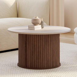 Table basse ronde JULIETTE 70 cm lattes effet noyer et plateau travertin