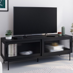 Meuble TV 140 cm ZINEB 2 portes coulissantes vitrées façade cannelée noir