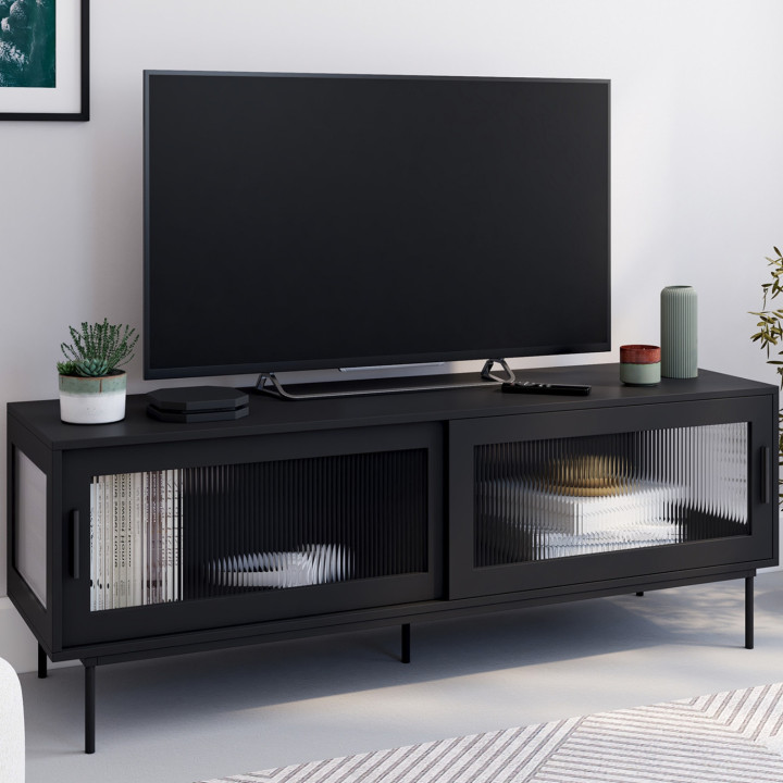 ZINEB 140 cm TV-meubel, 2 glazen schuifdeuren, zwarte geribbelde front