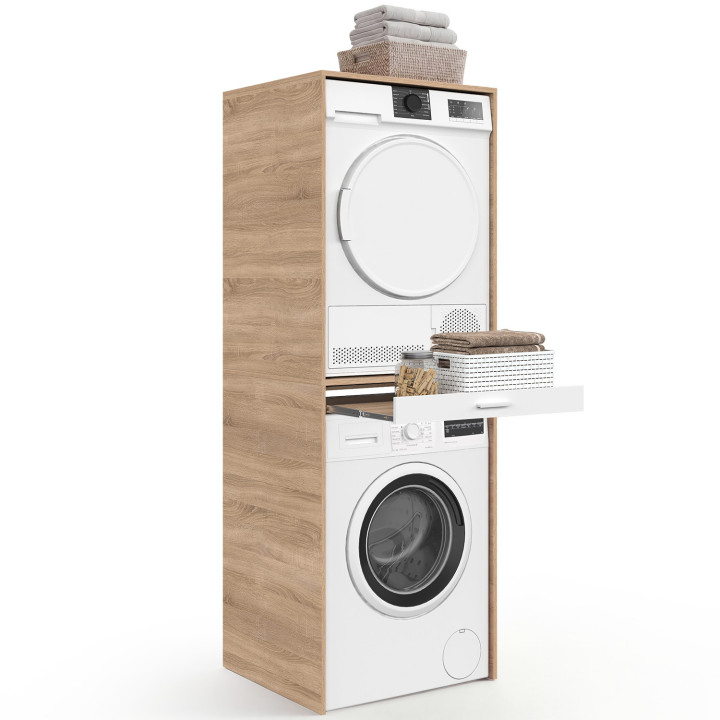 Mueble de lavadero para lavadora y secadora WALLIS con bandeja extraíble para cesto de la ropa, en madera y blanco