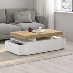 Table basse rectangulaire ELSA 100 cm 2 tiroirs en bois blanc et plateau façon hêtre