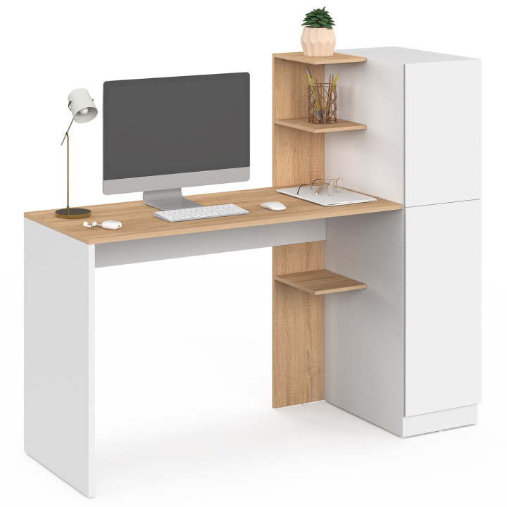 Escritorio con armario de almacenamiento de 140 x 50 cm, modelo NICO, con estantes en blanco y madera