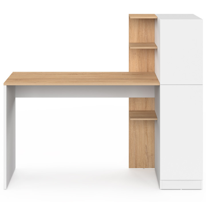 Escritorio con armario de almacenamiento de 140 x 50 cm, modelo NICO, con estantes en blanco y madera