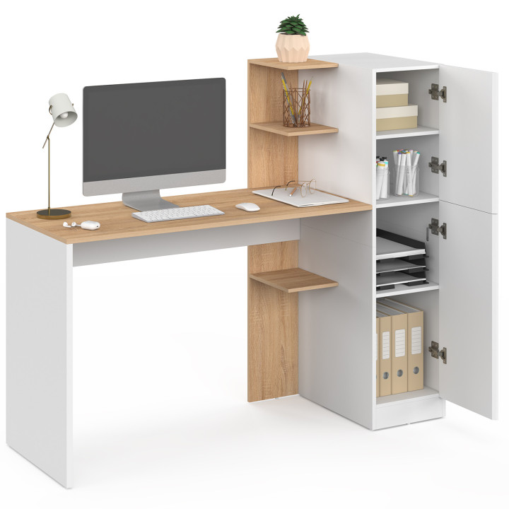Bureau met opbergkast 140x50 cm NICO, planken in wit en hout