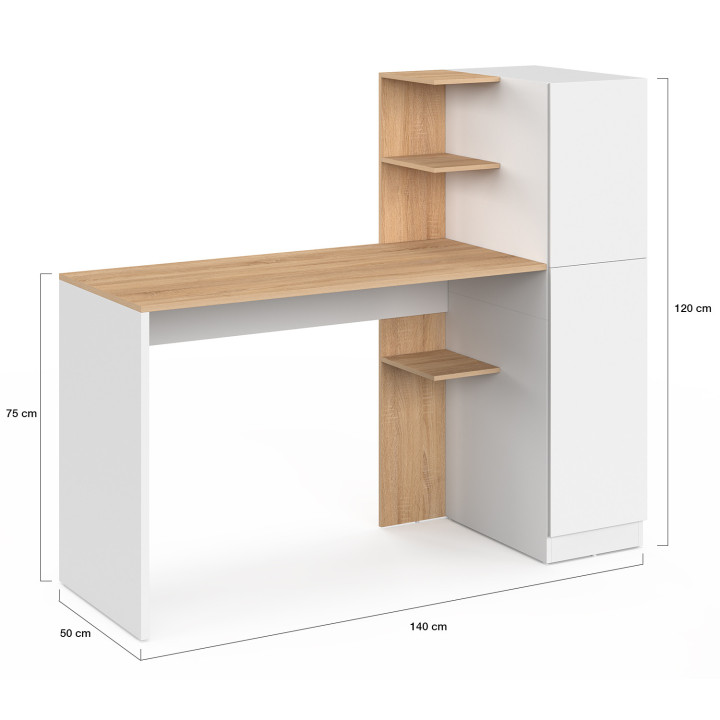 Bureau met opbergkast 140x50 cm NICO, planken in wit en hout