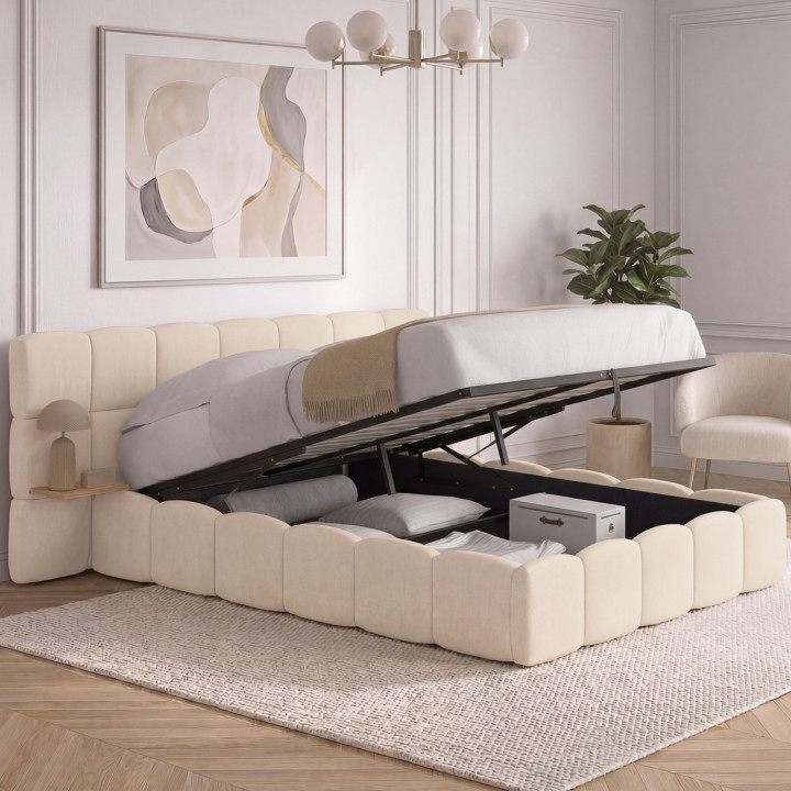 Letto matrimoniale NUAGE con testata trapuntata + comodini integrati e base in velluto beige 140 x 190 cm