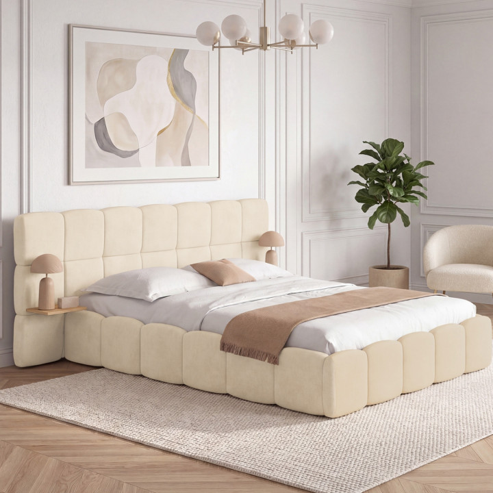 Letto matrimoniale NUAGE con testata trapuntata + comodini integrati e base in velluto beige 140 x 190 cm