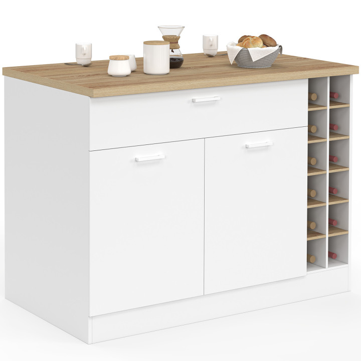 Isola centrale GEORGE 120 cm con portabottiglie, armadio e cassetto in legno bianco con piano di lavoro effetto faggio