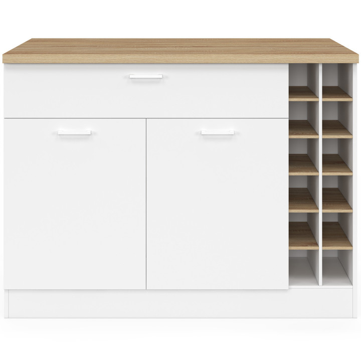 Centraal eiland GEORGE 120 cm met flessenrek, kast en lade in wit hout met werkblad in beukeneffect