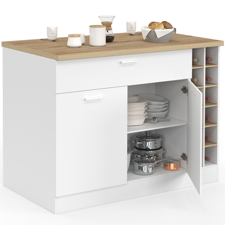 Ilot central GEORGE 120 cm avec range-bouteilles placard et tiroir bois blanc avec plan de travail façon hêtre