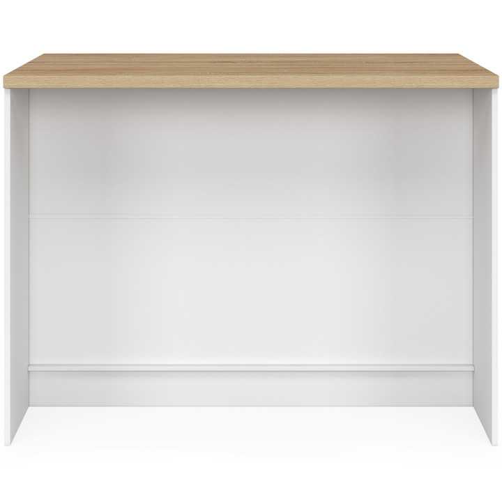 Centraal eiland GEORGE 120 cm met flessenrek, kast en lade in wit hout met werkblad in beukeneffect