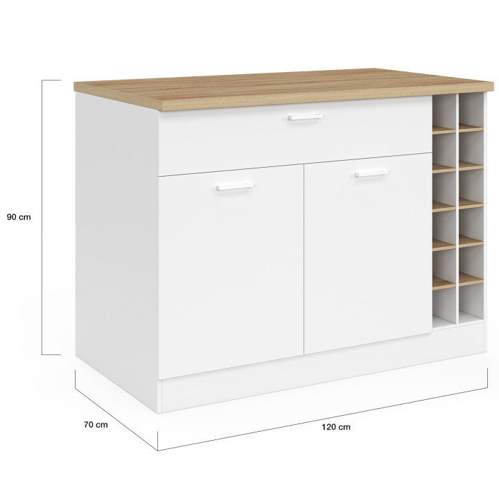 Ilot central GEORGE 120 cm avec range-bouteilles placard et tiroir bois blanc avec plan de travail façon hêtre