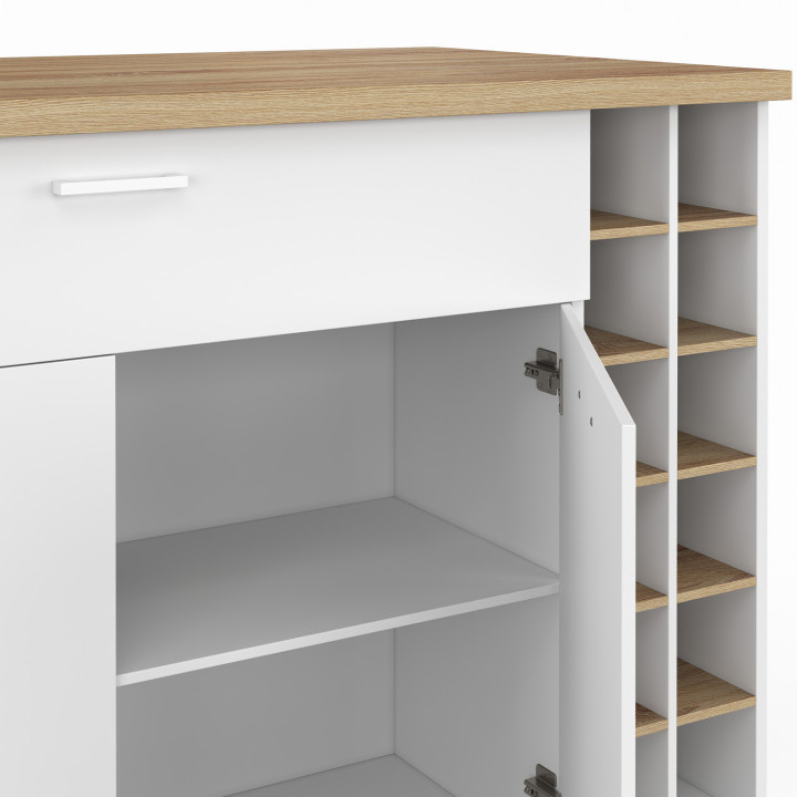 Ilot central GEORGE 120 cm avec range-bouteilles placard et tiroir bois blanc avec plan de travail façon hêtre