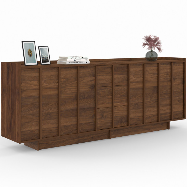 Buffet 200 cm ROSIE 4 portes et 3 tiroirs façon noyer design minimaliste