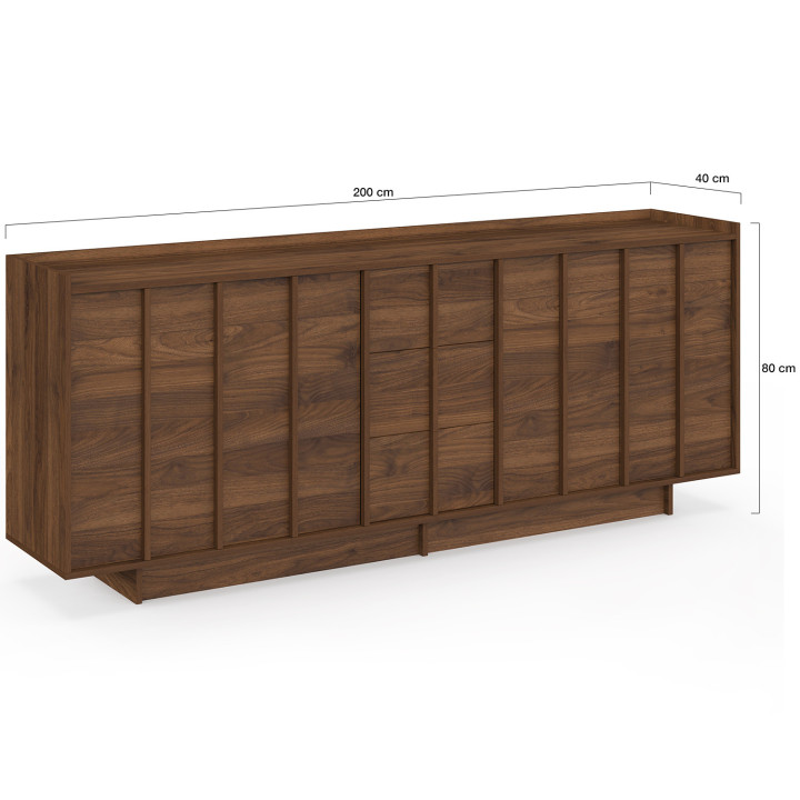 ROSIE 200 cm dressoir met 4 deuren en 3 laden, walnoot stijl, minimalistisch design