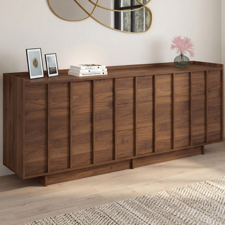 ROSIE 200 cm dressoir met 4 deuren en 3 laden, walnoot stijl, minimalistisch design
