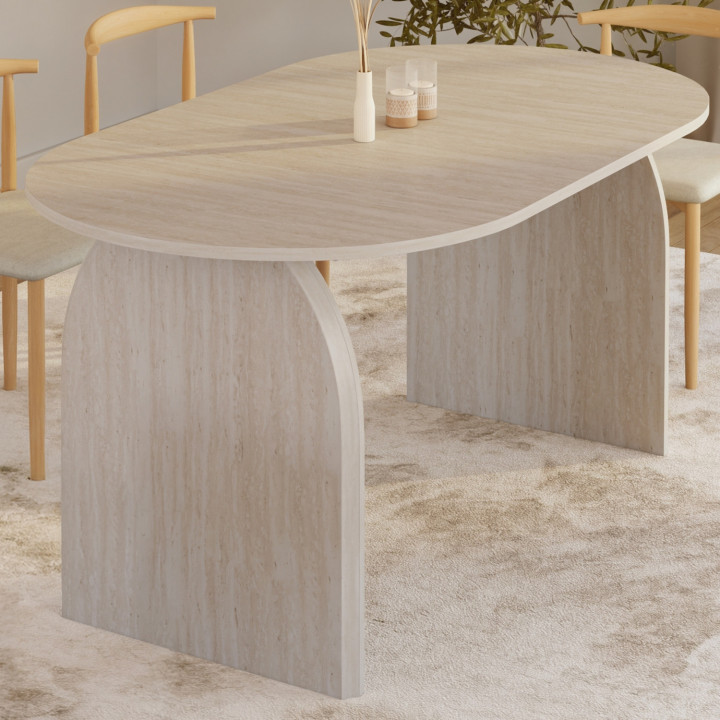Table à manger extensible japandi ovale EDITH 6-10 personnes façon travertin 160-200 cm
