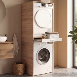 Mueble de lavadero para lavadora y secadora WALLIS con bandeja extraíble para cesto de la ropa, en madera y blanco