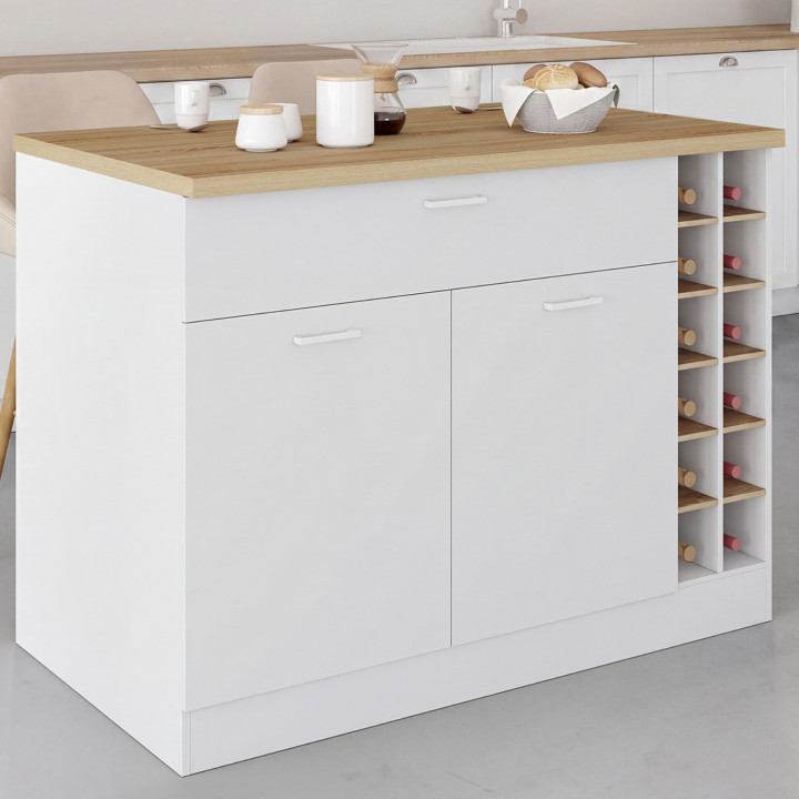 Centraal eiland GEORGE 120 cm met flessenrek, kast en lade in wit hout met werkblad in beukeneffect