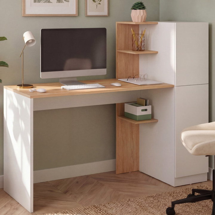 Bureau avec armoire de rangements 140x50 cm NICO étagères blanc et bois