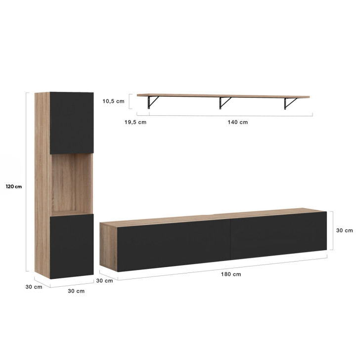 TV-Möbelset 180 cm mit Säulen und Regalen aus Holz und Schwarz - ELIO | Startseite IDMarket