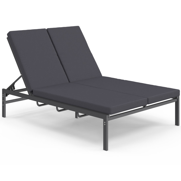 Lit bain de soleil double, transat de jardin inclinables double, en acier avec matelas gris anthracite