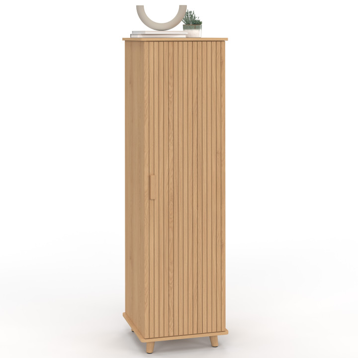 Armoire de rangement JULIETTE 1 porte 3 étagères effet lattes tasseau bois coloris chêne