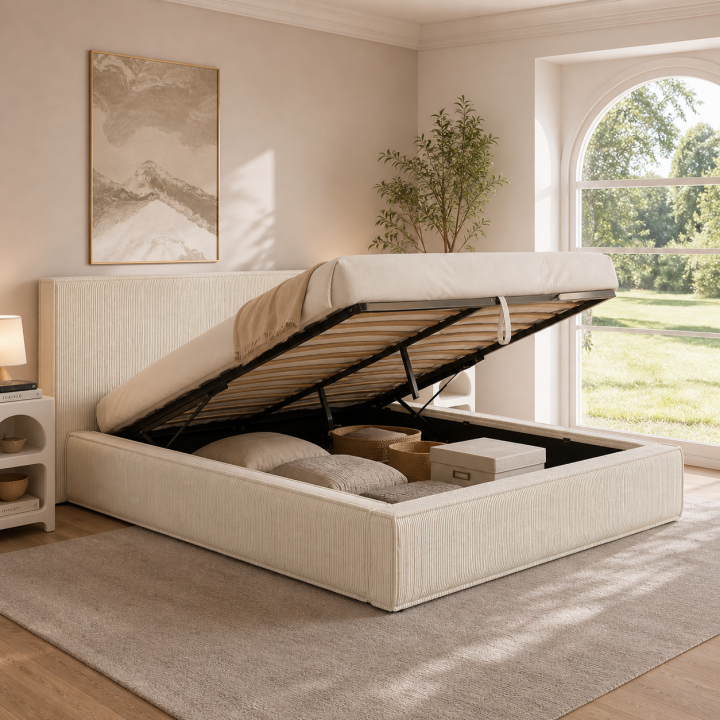 Letto matrimoniale con rete 140 x 190 cm in velluto a coste beige - JADE