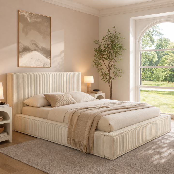 Letto matrimoniale con rete 140 x 190 cm in velluto a coste beige - JADE