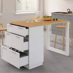 VITO 130 cm 3 cajones blanco cacerola centro isla con encimera de madera, 4 personas