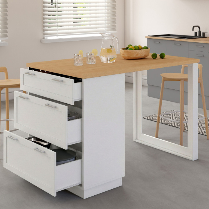 VITO 130 cm Casseruola a isola bianca a 3 cassetti con piano in legno, 4 persone
