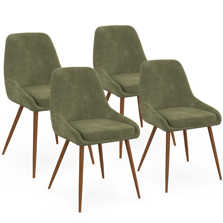 Set di 4 sedie THALYA in tessuto ciniglia verde e gambe effetto noce con braccioli