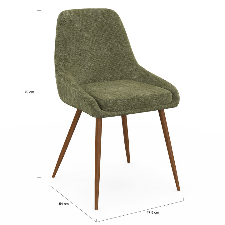 Set di 4 sedie THALYA in tessuto ciniglia verde e gambe effetto noce con braccioli