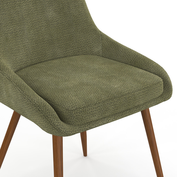 Set di 4 sedie THALYA in tessuto ciniglia verde e gambe effetto noce con braccioli