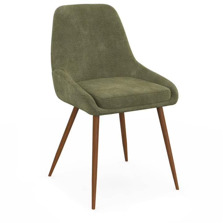Set di 4 sedie THALYA in tessuto ciniglia verde e gambe effetto noce con braccioli