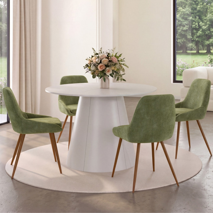 Set di 4 sedie THALYA in tessuto ciniglia verde e gambe effetto noce con braccioli