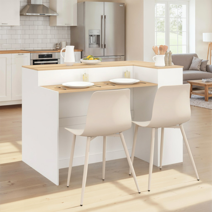 Isola centrale TOMI 130 cm per 2 persone con doppio piano in legno bianco e piano di lavoro effetto faggio