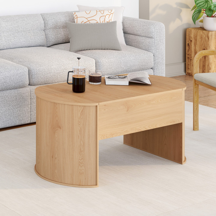 Tavolino ovale sollevabile DIVIA 100 cm in legno di faggio, design arrotondato