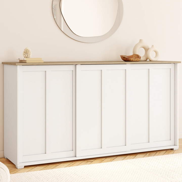 Credenza JANGO 160 cm con 3 ante scorrevoli bianche e piano in legno