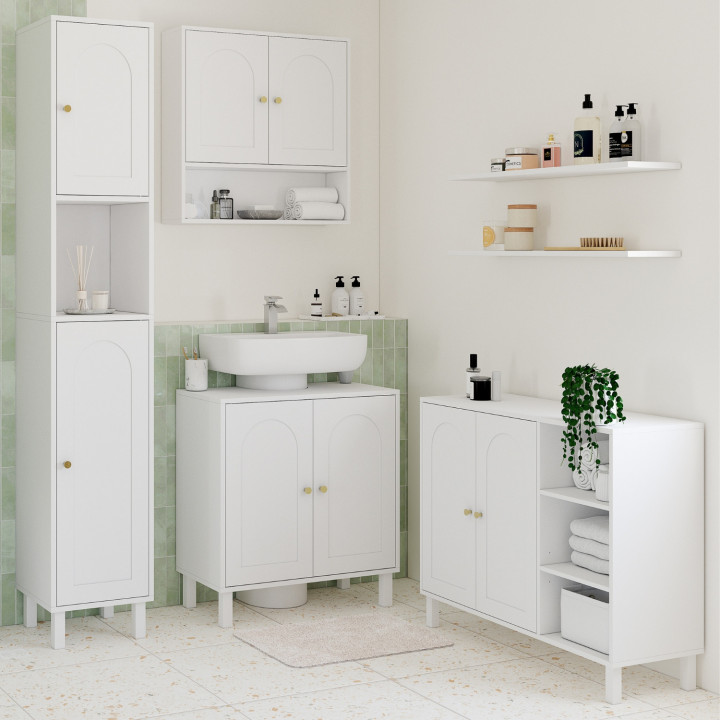 Mobiletto da bagno ARSENE con design ad arco in legno bianco