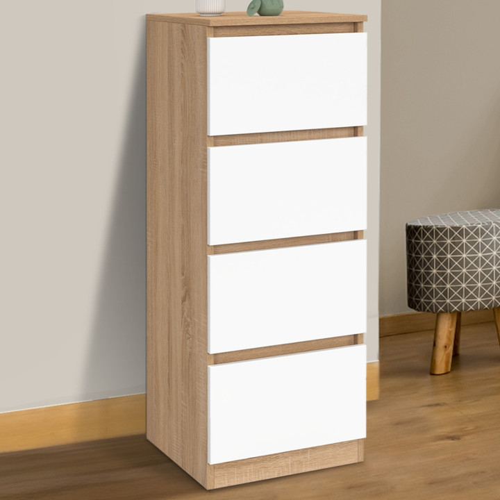 Mobile laterale a 4 cassetti da 30 cm in faggio e chiffoniera bianca per ingresso bagno