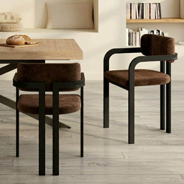 Juego de 2 sillas de comedor de metal negro y terciopelo marrón - ESMA | IdMarket