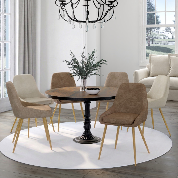 Set di 6 sedie THALYA in tessuto misto ciniglia in taupe x2, beige x2, marrone x2 e gambe effetto legno con braccioli