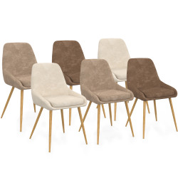 Set aus 6 Stühlen THALYA aus Chenillegewebe mix color taupe x2, beige x2, braun x2 und Beinen in Holzoptik mit Armlehnen