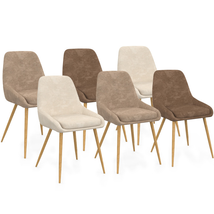 Set di 6 sedie THALYA in tessuto misto ciniglia in taupe x2, beige x2, marrone x2 e gambe effetto legno con braccioli