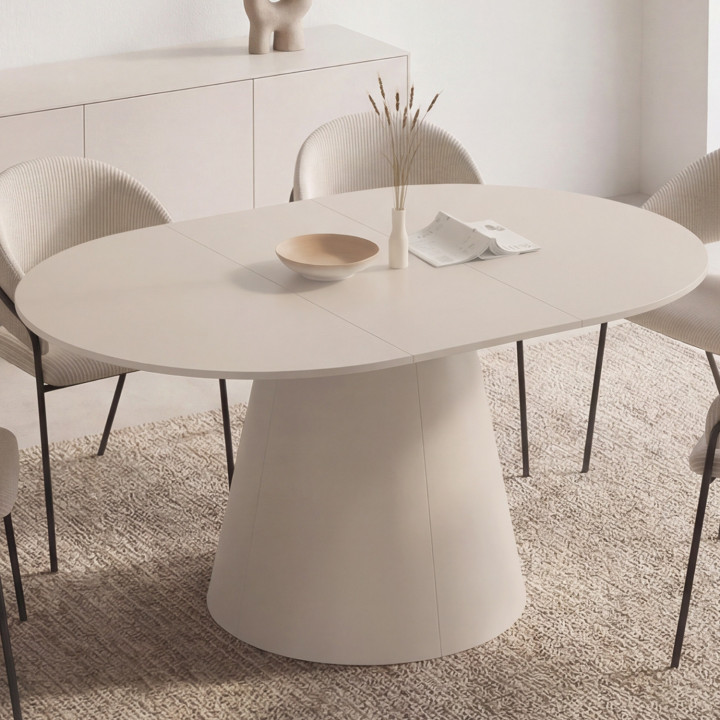ANGELE Mesa de comedor redonda extensible de 6 plazas, madera beige 110-150 cm