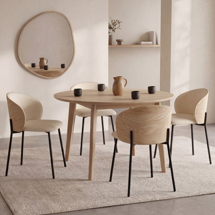 Lot de 4 chaises PENNY en tissu beige et dossier effet bois clair pour salle à manger
