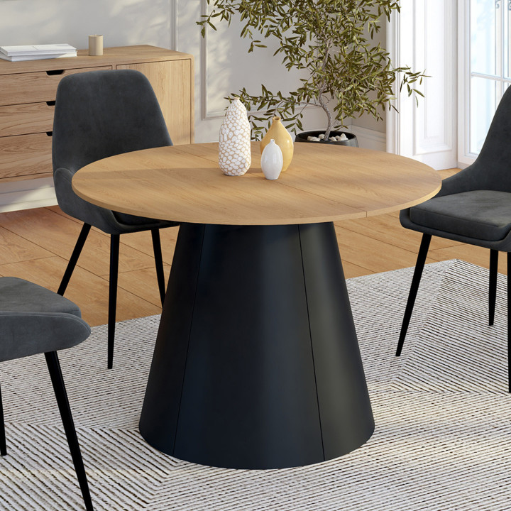 Table à manger ronde extensible ANGELE 4-8 personnes bois effet hêtre et pied noir 110-150 cm
