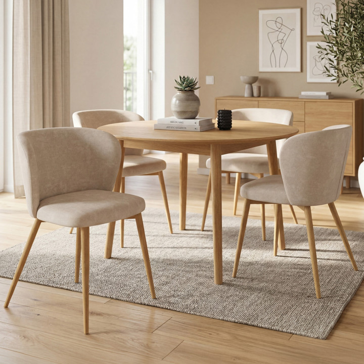 Set di 4 sedie PAULIE in tessuto chenille beige con gambe effetto legno per la sala da pranzo